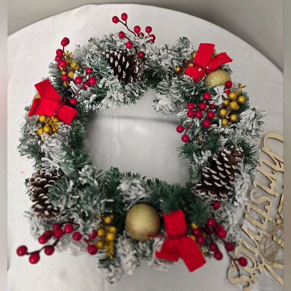 17x17 Christmas Holly Berry Wreath Flocked with Gold Merry Christmas Sign Hangin